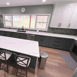 White cabinetry above a long kitchen counter area that includes drawers, a dishwasher, and sink